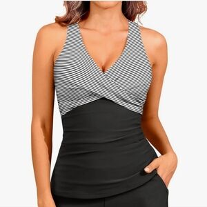Women's Tankini Swimsuit Top Crossover Ruched Black White Stripe Size 18